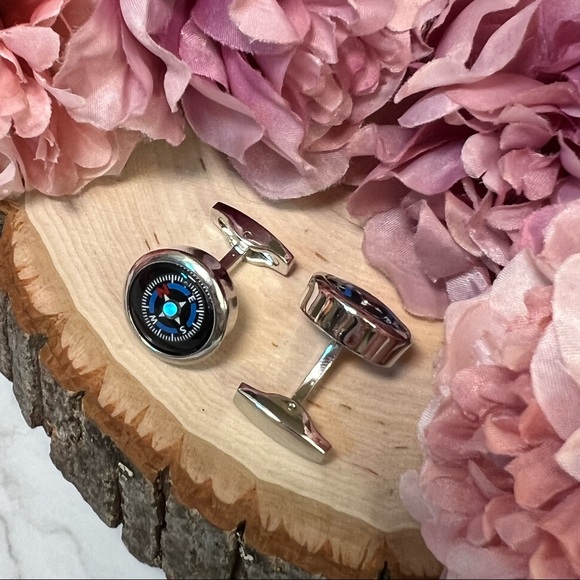 Unique Round Black and Blue Navigation Compass Silver Cufflinks - Picture 13 of 17